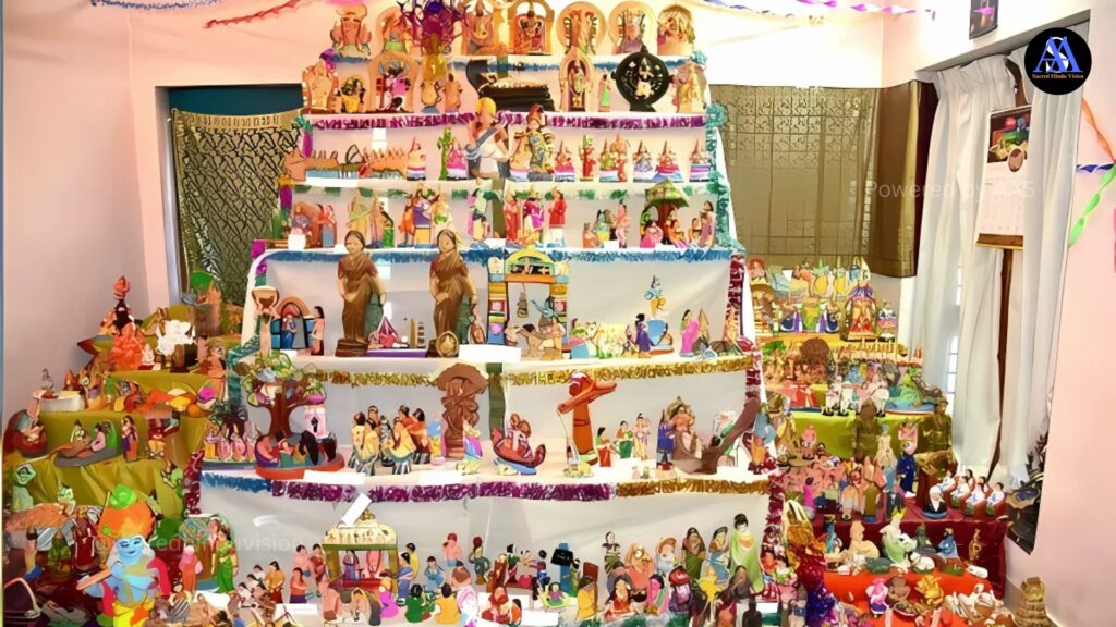 "Vibrant Navaratri celebration representing the philosophy and spiritual significance of Navaratri with traditional decorations and Durga idol"