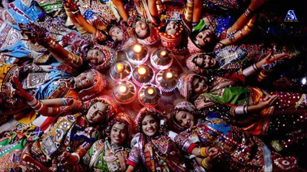 "Vibrant Navaratri celebration representing the philosophy and spiritual significance of Navaratri with traditional decorations and Durga idol"
