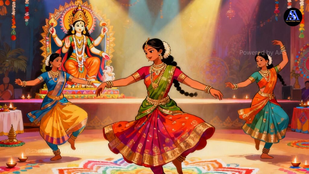 "Vibrant Navratri celebration representing the philosophy and spiritual significance of Navaratri with traditional decorations and Durga idol"