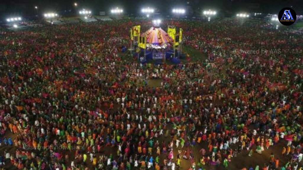"Vibrant Navratri celebration representing the philosophy and spiritual significance of Navaratri with traditional decorations and Durga idol"
