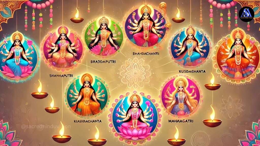 "Vibrant Navratri celebration representing the philosophy and spiritual significance of Navaratri with traditional decorations and Durga idol"