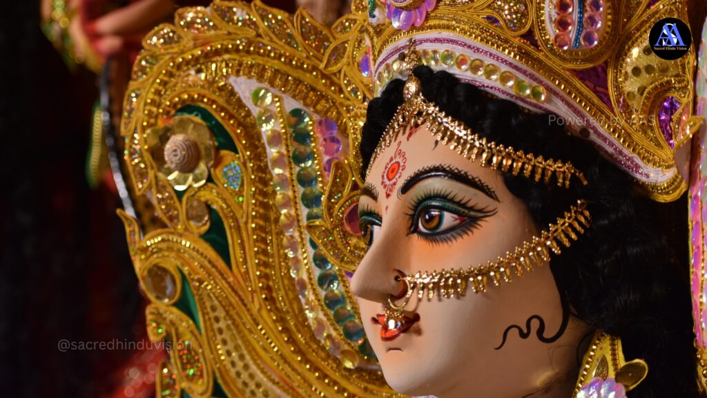 "Vibrant Navratri celebration representing the philosophy and spiritual significance of Navaratri with traditional decorations and Durga idol"