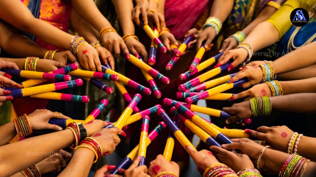 "Vibrant Navratri celebration representing the philosophy and spiritual significance of Navaratri with traditional decorations and Durga idol"