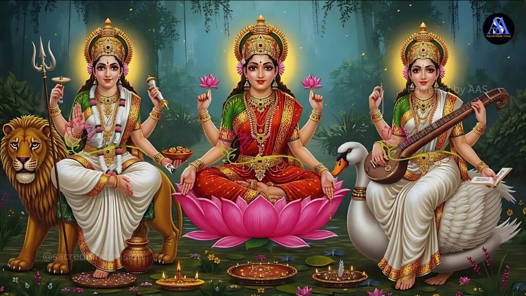 "Vibrant Navratri celebration representing the philosophy and spiritual significance of Navaratri with traditional decorations and Durga idol"