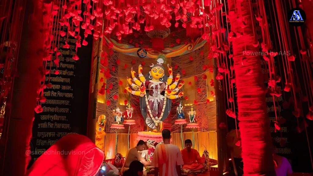 "Vibrant Navratri celebration representing the philosophy and spiritual significance of Navaratri with traditional decorations and Durga idol"
