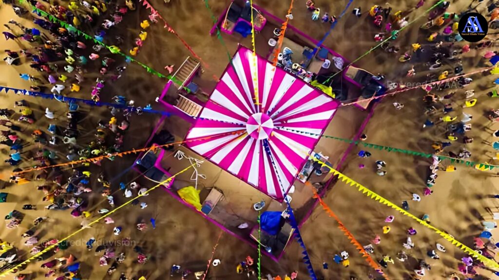 "Vibrant Navaratri celebration representing the philosophy and spiritual significance of Navaratri with traditional decorations and Durga idol"