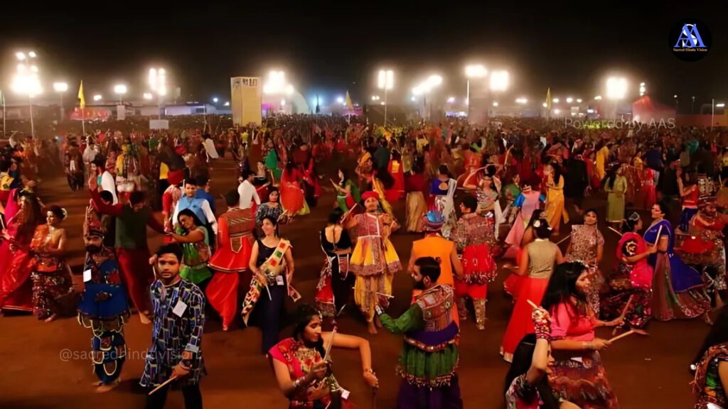 "Vibrant Navaratri celebration representing the philosophy and spiritual significance of Navaratri with traditional decorations and Durga idol"
