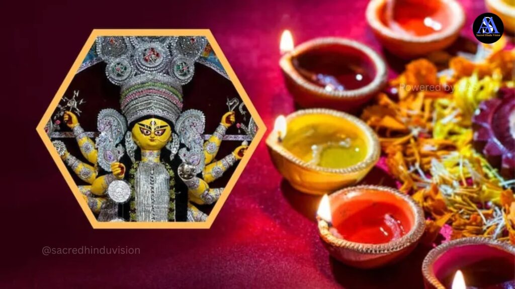 "Vibrant Navaratri celebration representing the philosophy and spiritual significance of Navaratri with traditional decorations and Durga idol"
