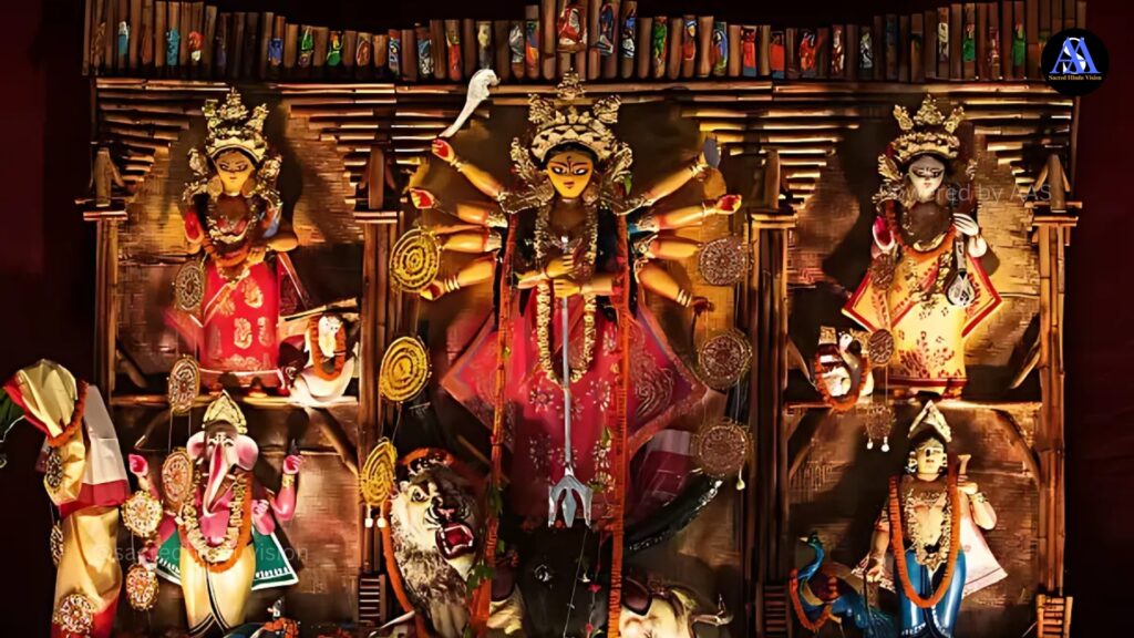 "Vibrant Navaratri celebration representing the philosophy and spiritual significance of Navaratri with traditional decorations and Durga idol"